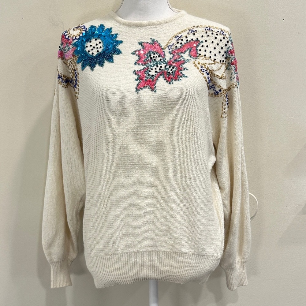 VTG 90s Crystal Sportswear Cream Silk Angora Beaded Sequin Granny Sweater Large